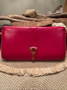 Yves Saint Laurent Fuchsia Leather Clutch with Gold Y Closure